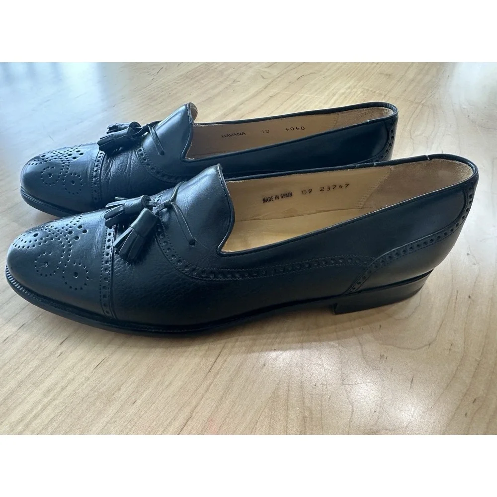 Mezlan Havana Black Leather Tassel Loafers Mens 10 Brogue Cap Toe Spain Shoe